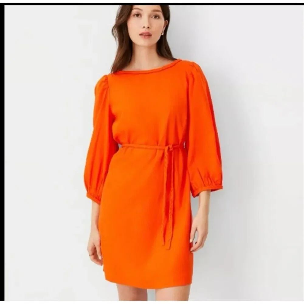 Ann Taylor Linen Blend Puff Sleeve Belted Shift Dress Flame Azalea size 6